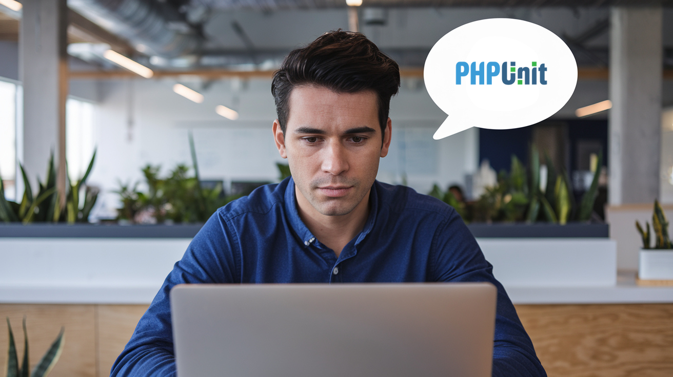 Developer thinking about using phpunit working on laptop